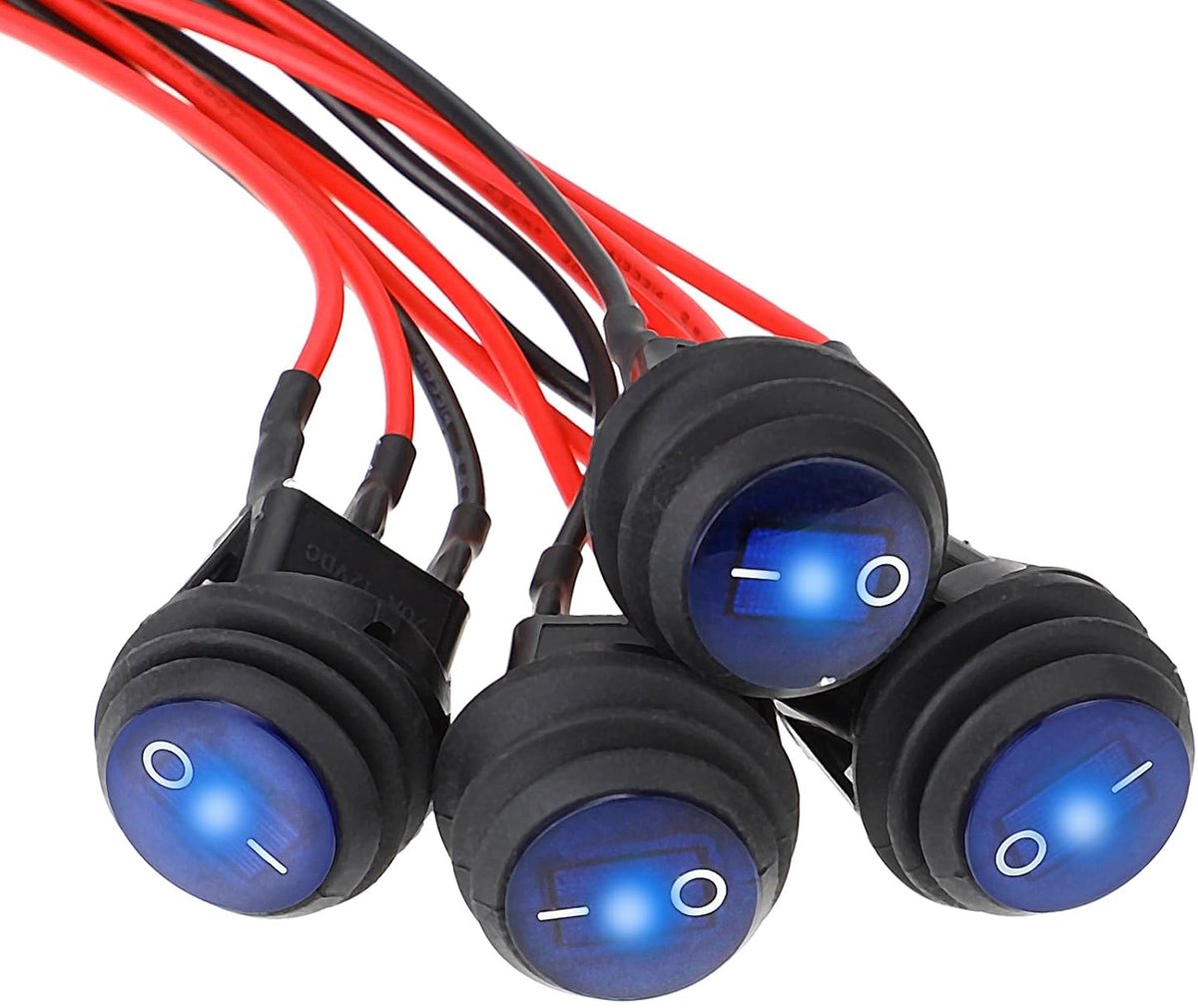 4 stuks 12 V waterdichte ronde tuimelschakelaar, 12 V 20 A, SPST 3-pins-lichten en blauwe led-schakelaar, aan/uit-tuimelschakelaar met 20 cm voorbekabeld, voor auto, boot, vrachtwagen, huishoudelijke