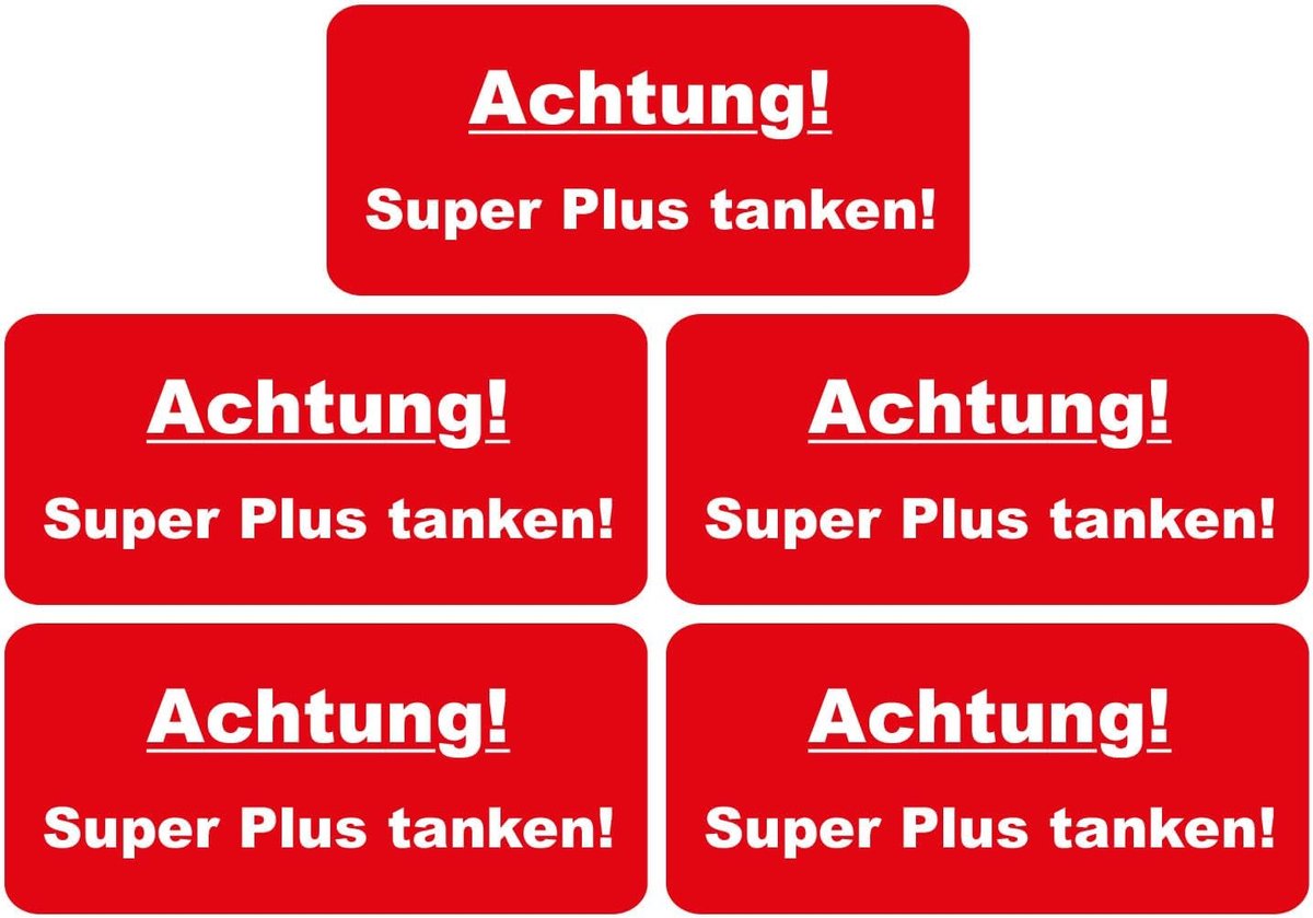 5 stuks stickers "Achtung! Super Plus tanken!", iSecur, attentiestickers, 7x3cm, Art. hin441 superplus, Let op, pas op, waarschuwing, buitenklevend voor ruiten, auto, vrachtwagen, machines, tankdop