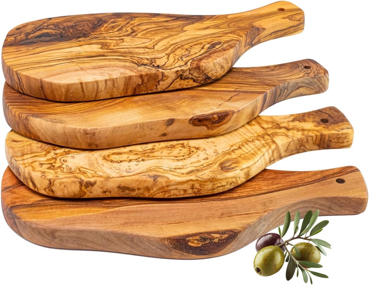 Snijplank van Natuurlijk Olijfhout, Set van 4, 28 x 13 cm, Duurzaam | Set van 4 Kleine Planken. Houten Snijplank Keuken. Serveren Kaas Vleeswaren Tapas. Mediterrane Stijl. Serveerplank