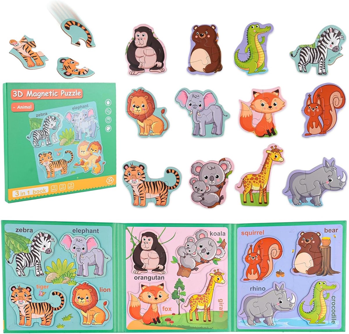 Magnetische dierenpuzzel met 60 herbruikbare stickers voor kinderen, 41 delen, kleuterpuzzel, onderwijs, leren, reizen, speelgoed, auto, vliegtuig