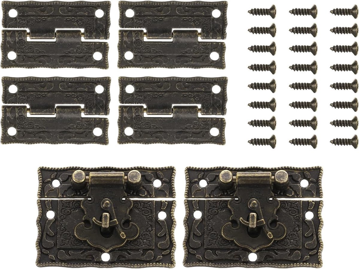 2 stuks mini-kliksluiting retro van bronzen legering en 4 gegraveerde scharnieren 40 x 30 mm klikgesp en patroon scharnier met 24 schroeven voor decoratieve commode kleine houten kist