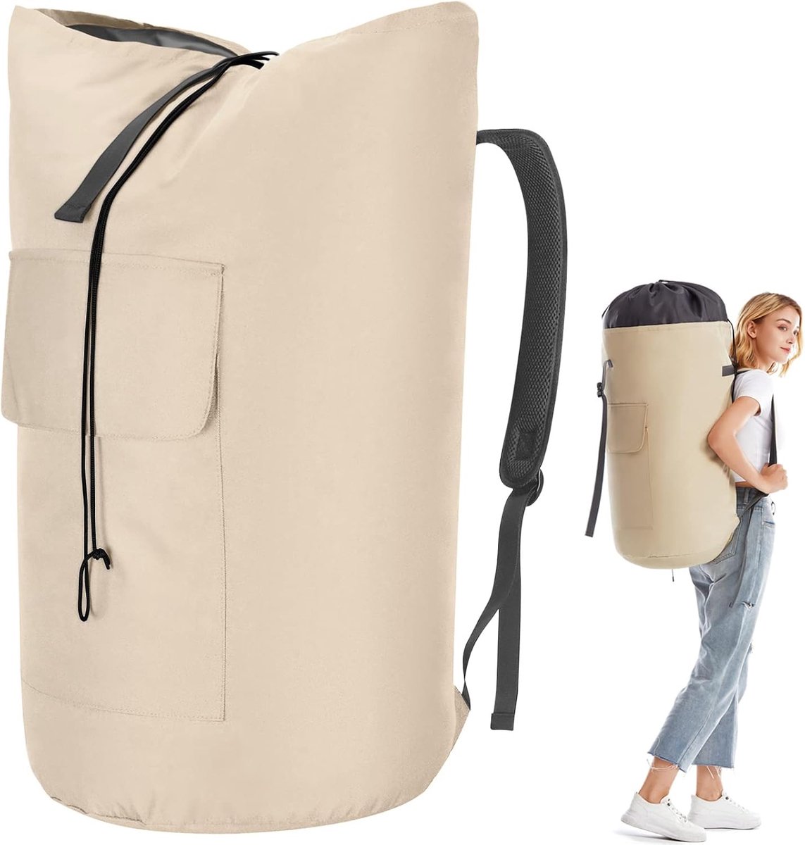 Waszak, vuile was, XXL, 115 liter, waszak voor op reis met 2 gevoerde schouderbanden, opvouwbare opbergzak, kledingtas, plunjezak, rugzak (beige)