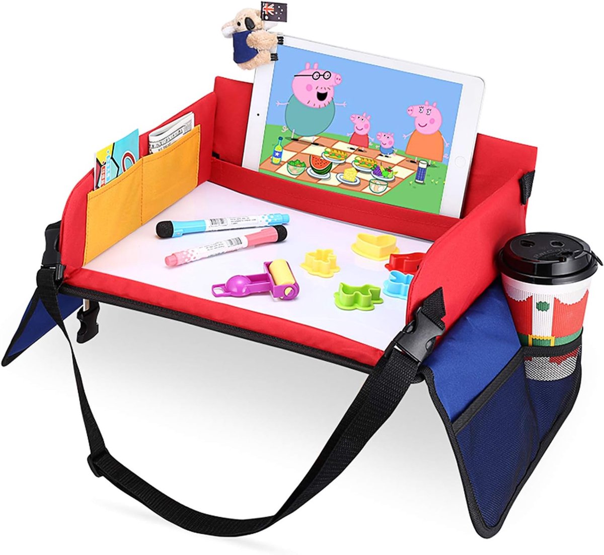 Kinderknie-dienblad voor kinderen, speeltafel met wisbare tekenplank en 6 gekleurde potloden voor spel en eettafel, speeltafel, autostoeltafel voor buggy's, kinderwagen, auto, vliegtuig