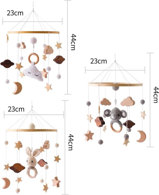 Mobiele babybed, windspel, wolken en kleine haas, hangend, hout, mobiele babykinderkamer, hangende bedbel, cadeau voor baby's, meisjes of jongens, rammelspeelgoed (B) — afbeelding 5