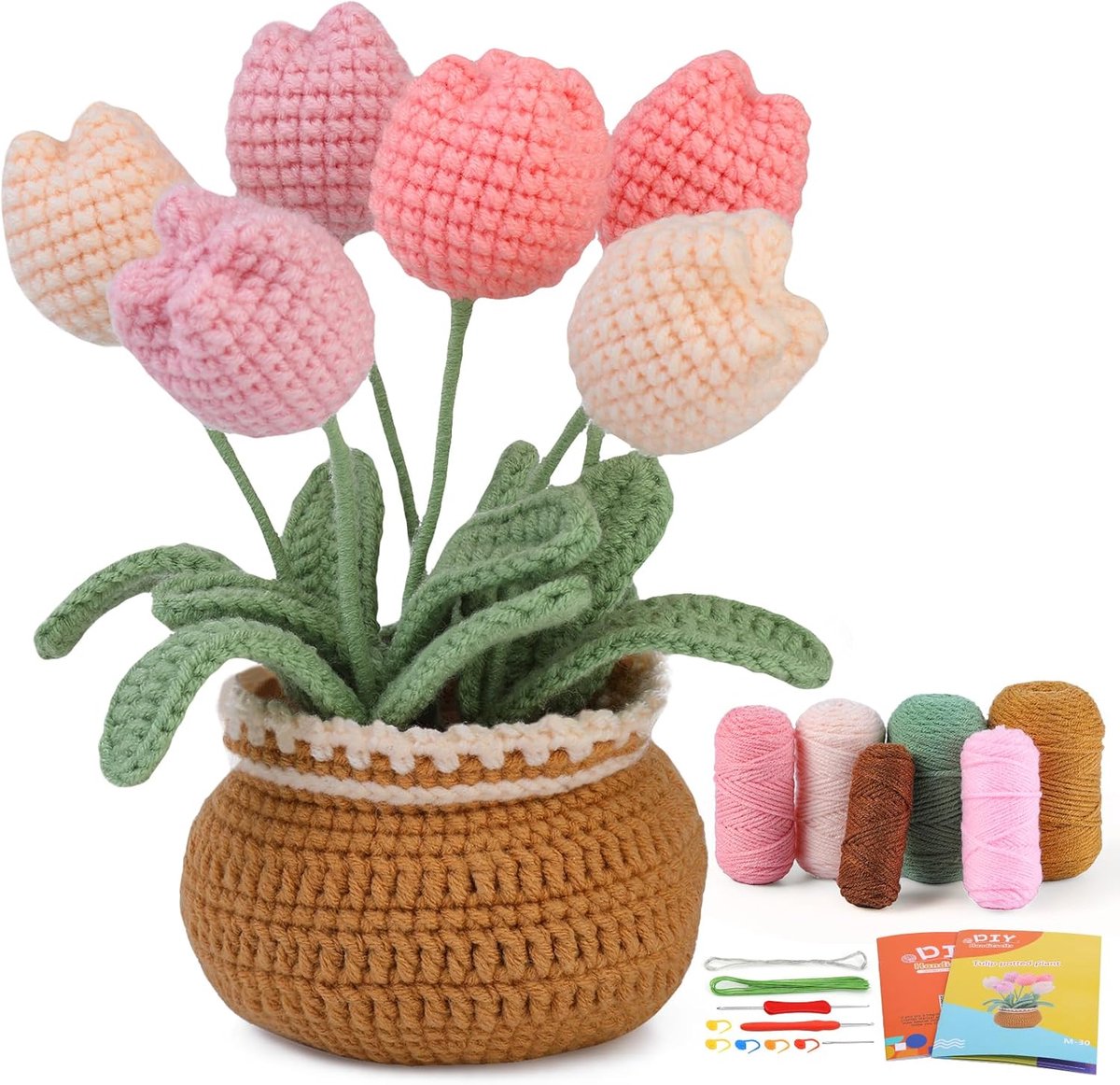 kgxulr Haakset voor beginners, tulpenhaakset voor beginners, gehaakte starterskit voor complete beginners en volwassenen, haakset met stapsgewijze videotutorials (tulp)