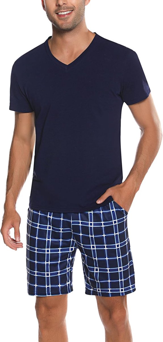 Korte herenpyjama van katoen, korte mouwen, set van korte pyjama's, voor de zomer, overhemden en broeken, zacht en comfortabel