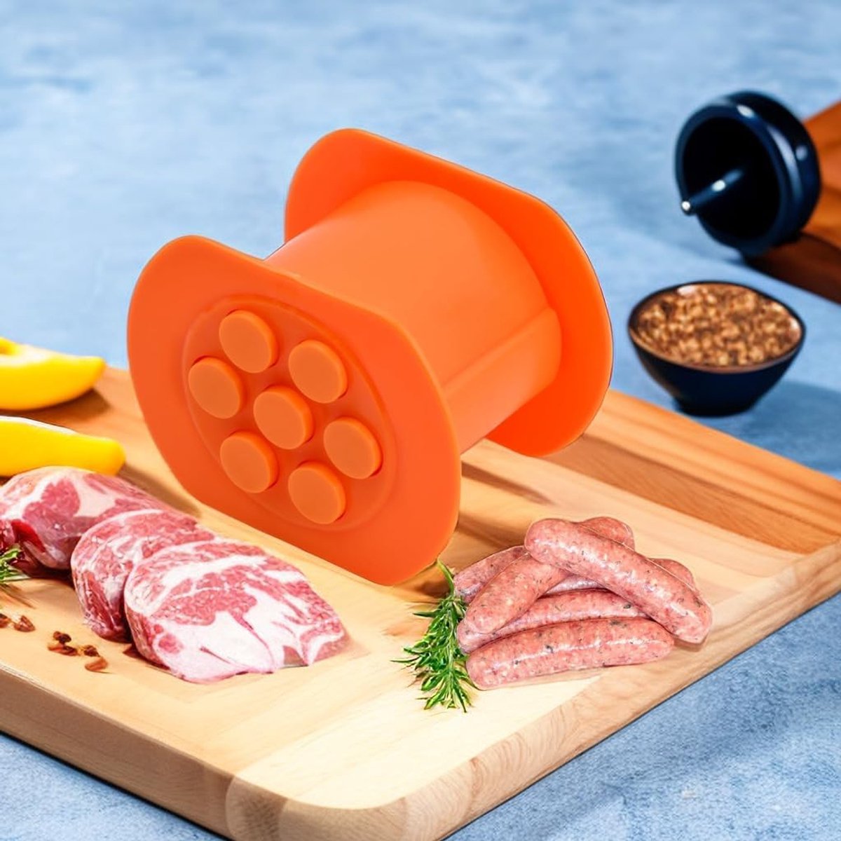 Handmatige worstmaker, hotdog worstvormset, 7 gaten vleesstrippersmachine, niet plakkerige worstmaker, keukengegrilde voedselaccessoires, gereedschap voor het maken van barbecues (Oranje)