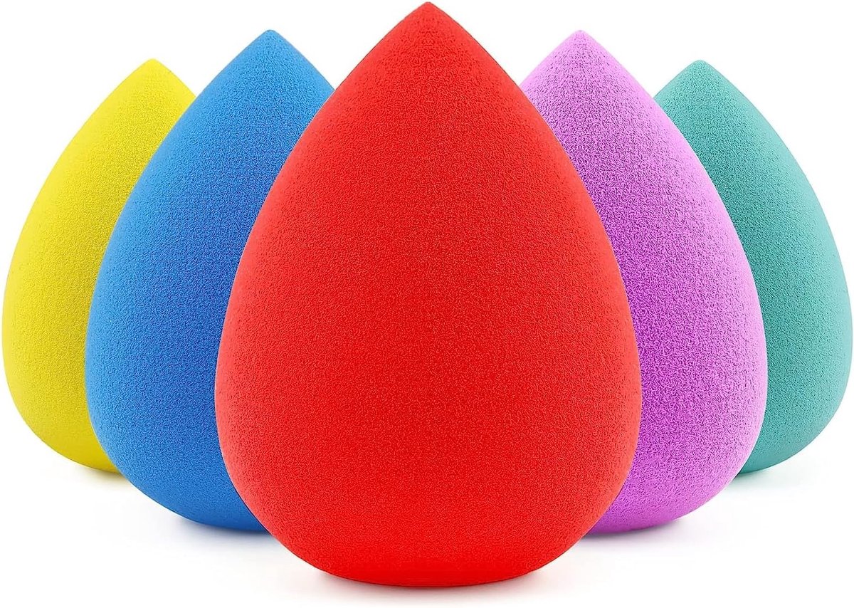 Make-upspons Set,5 Stuks,Multicolor,Latexvrij,voor Foundation,Poeder | Zacht en veerkrachtig,fijne poriën,voor vloeibare en romige texturen,nat en droog te gebruiken,punt voor details,ronde zijde.
