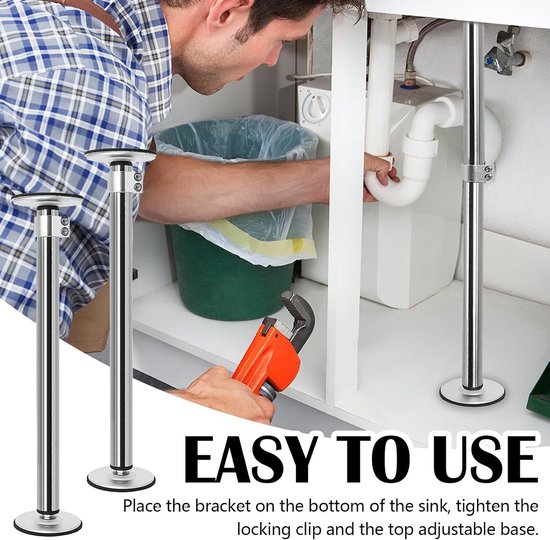 2 stuks, houder voor wastafel, lage montage, verstelbare keukenpoten, van roestvrij staal, voor keuken en badkamer, 41-70 cm — afbeelding 2