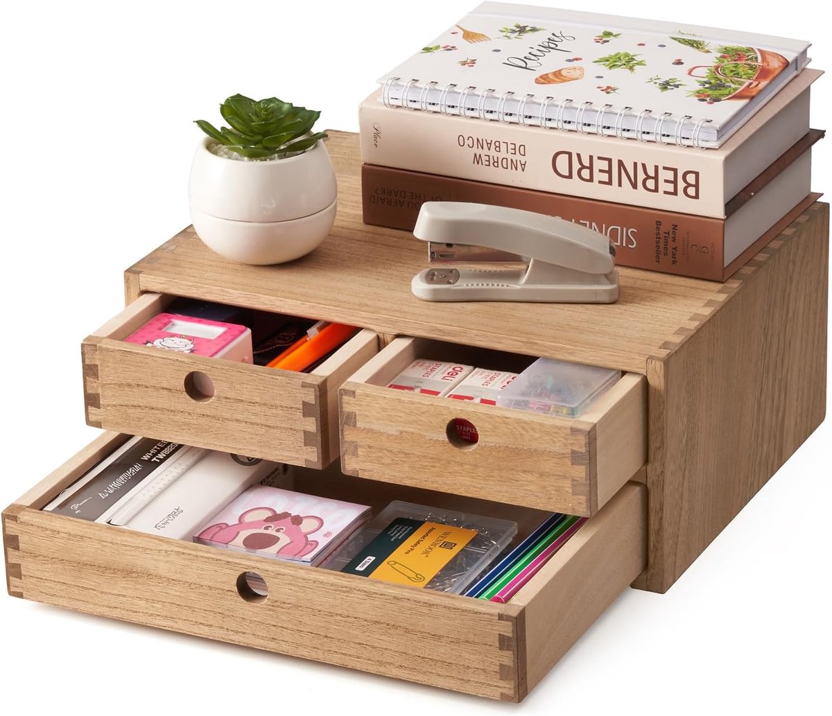 Bureau-organizer van hout, kantoorbenodigdheden, opbergbakje, kast, sieradenorganizer met 3 laden, donkerbruin | 35 x 27 x 14,7 cm, vak 30,2 x 23 x 4,6 cm, 2 kleine vakken, massief paulownia-hout, handgemaakt, klaar gemonteerd