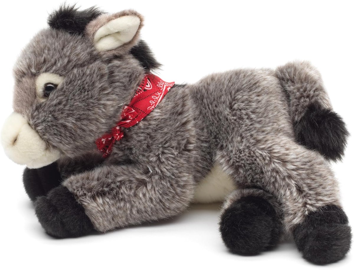 Knuffel, pluchen liggende ezel met halsdoek, lengte 28 cm