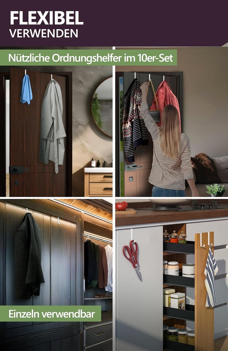 Deurhaken om op te hangen - set van 10, kleur wit - solide kapstok deur voor het hele appartement, flexibele haken om op te hangen, belastbare deurhakenlijst, universele deurkapstok