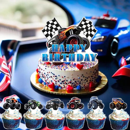 25 stuks Monster Truck Taartversiering Set – Happy Birthday Taarttopper voor Jongens – Vrachtwagen Muffin Decoraties, Auto Cupcake Topper, Verjaardagstaart Accessoires voor Kinderen — afbeelding 5