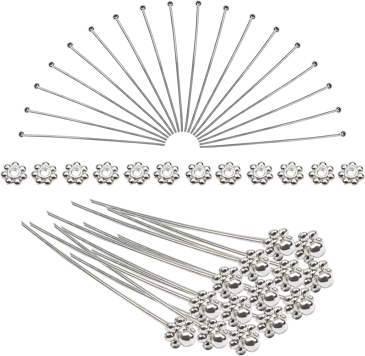 200 stuks Klinknagels Kogelkop Naalden 50 mm Zilver Messing Kogelkopstift Hoofdspelden met 4 mm afstandsparels voor Oorringen Halskettingen Hangers Sieraden Maken