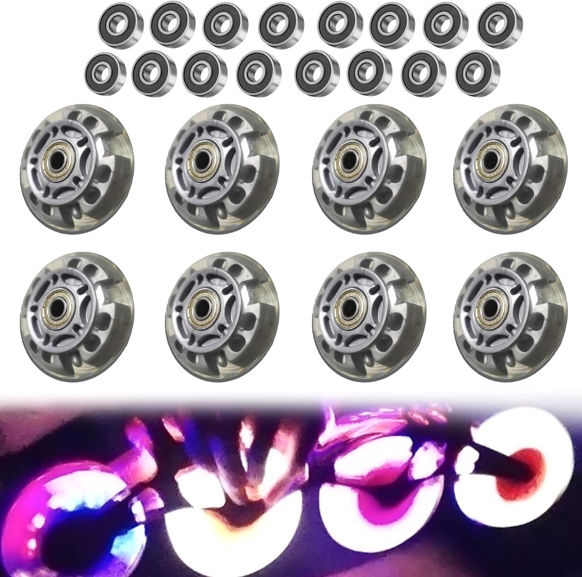 Wielen, 8 stuks, 72 mm, zilvertransparant, inline skate onderdelen, wielen met 16 kogellagers, universeel voor alle soorten rolschaatsen