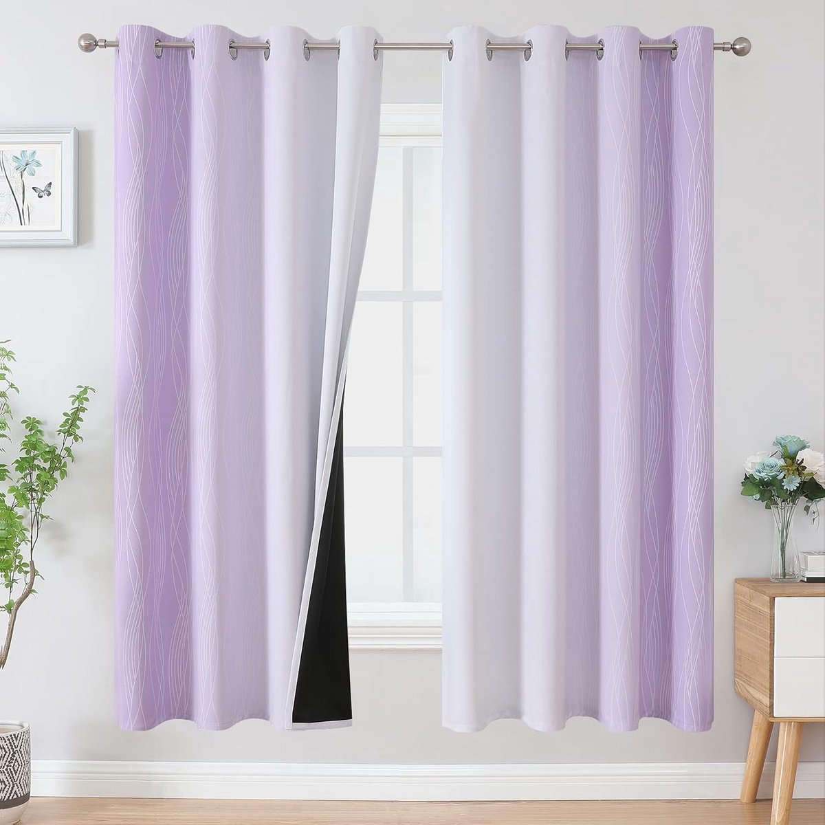 kleurverloop ombre paars en wit, thermogordijn koude- en hittebescherming, gordijnen met ringen voor slaapkamer, dichte gordijnen tegen koude voor woonkamer, H 183 x B 132 cm, set van 2