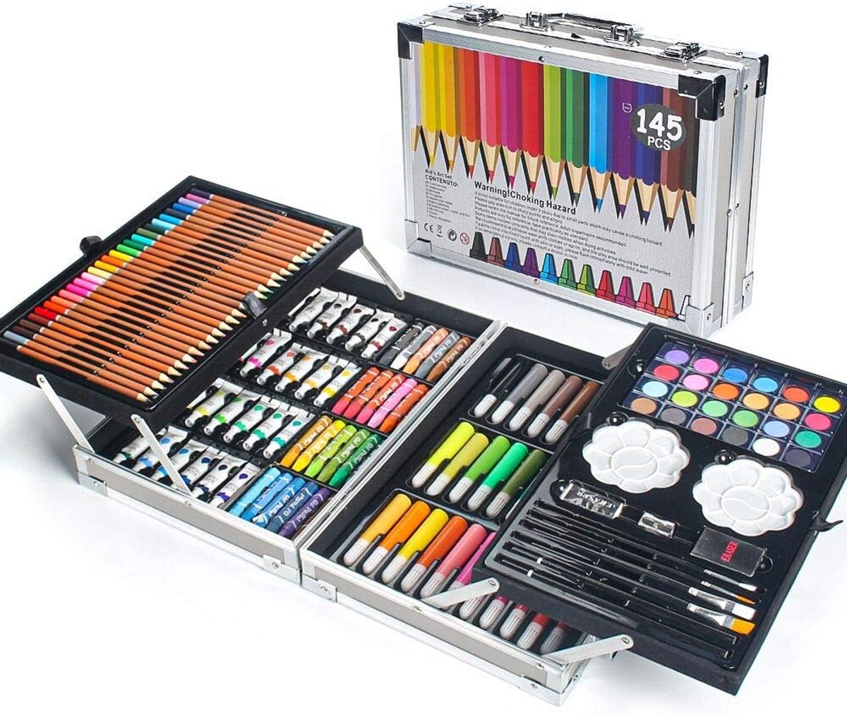 145 TLG verfset, verfdoos, luxe mega aluminium doos & tekenpakket met kleurpotloden, stiften, acrylverf, waskrijtjes, HB-pennen, aquarelcake, penseel, schetsblok voor 18 vellen
