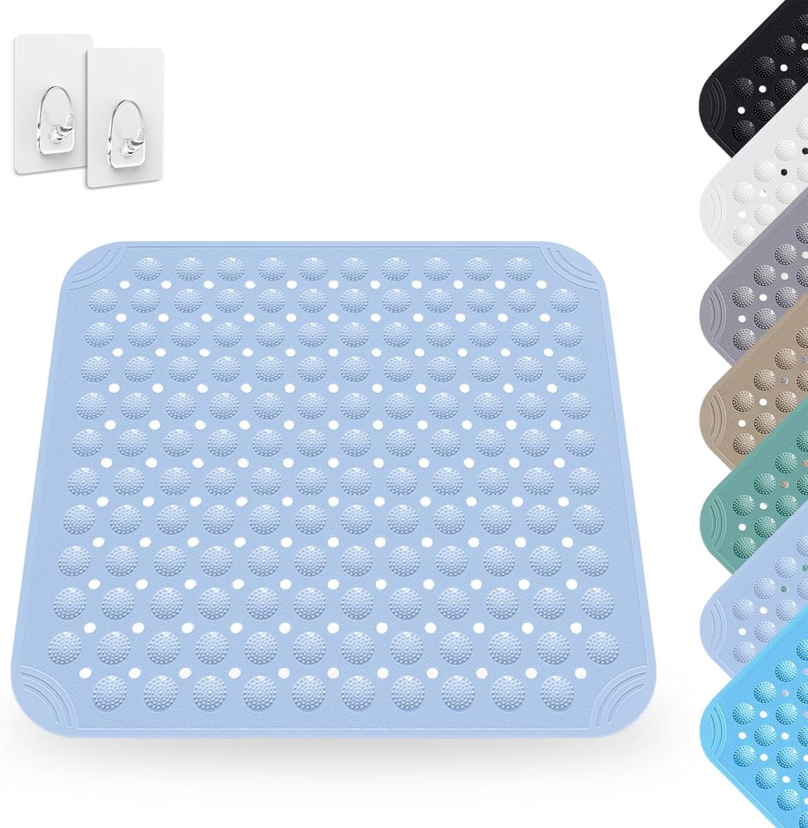 Douchemat, antislip, vierkant, machinewasbaar, antislip met zuignappen, voor sauna's, doucheruimtes, wasmachinebestendig, 48 x 48 cm, lichtblauw