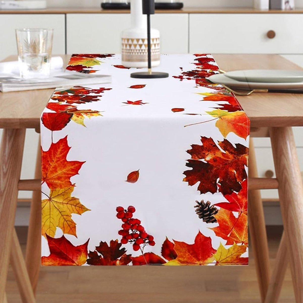 Tafelloper voor de Herfst, Mode Tafelloper met esdoornbladeren, herfstpompoen-tafelloper, oogstfeest, herfstthema, eettafel, decoratie voor binnen en buiten, herfstdecoratie (180 x 40 cm)