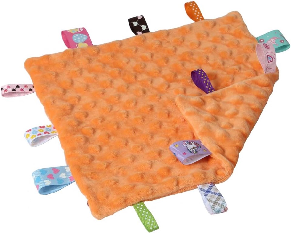 Knuffeldeken voor baby‘s, zachte knuffeldoek voor jongetjes, sensorische troostdeken voor baby‘s, uitstekend geschenk voor verjaardagen en babyshowers (24,5 cm x 24,5 cm, blauw-oranje label)