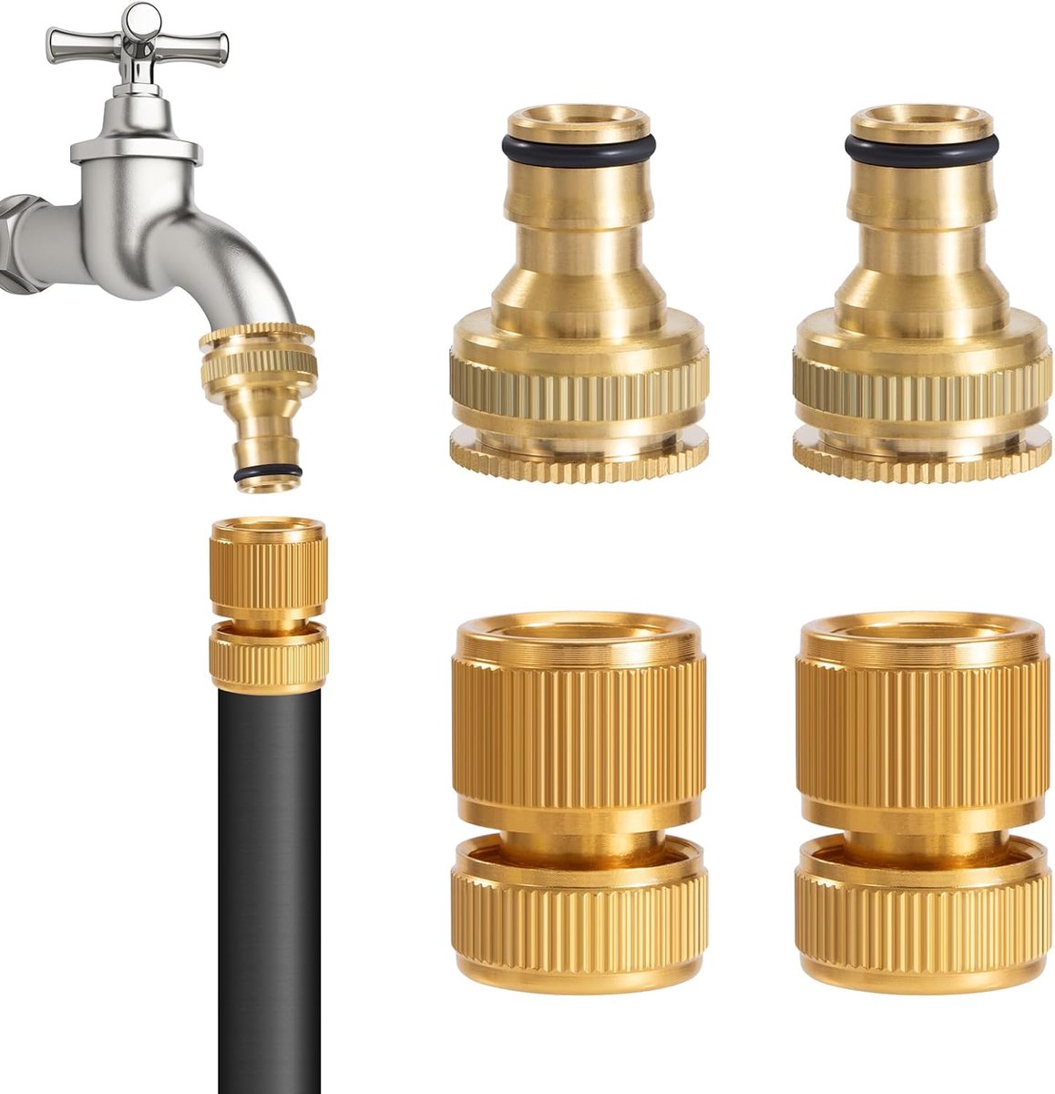 Slangaansluiting van messing 2-in-1 kraanadapter 1/2 inch en 3/4 inch kraanaansluitingen van messing voor tuinslang voor keuken tuin 4 stuks