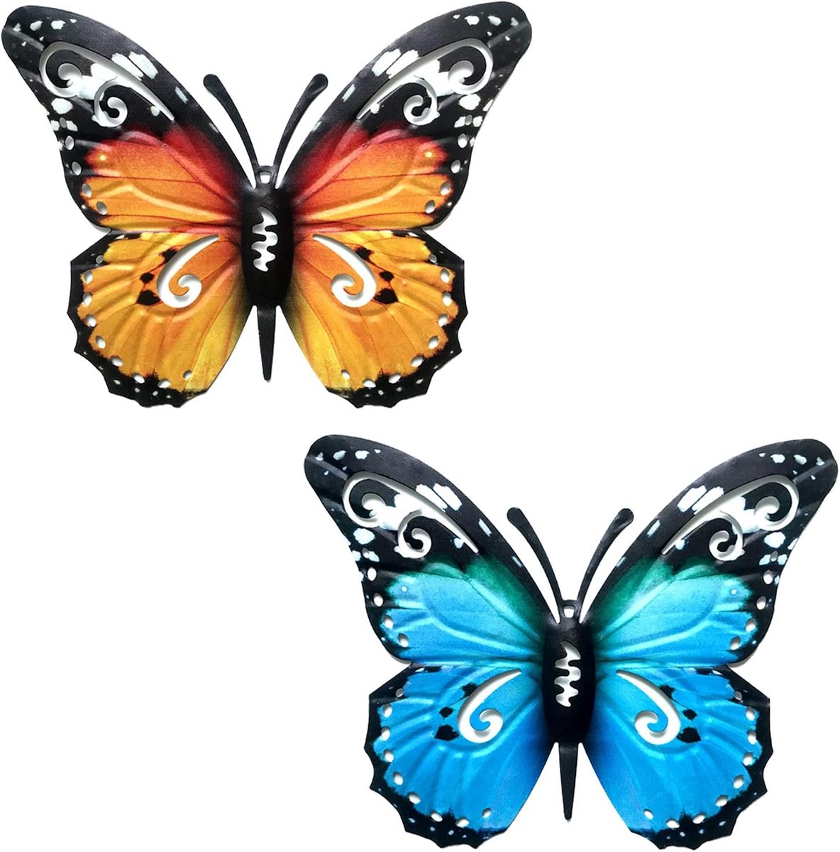 2 vlinders muurkunst 3D vlinders wanddecoratie hangende ornamenten | Metalen kleurrijke vlinder sculptuur voor tuin terras outdoor hek