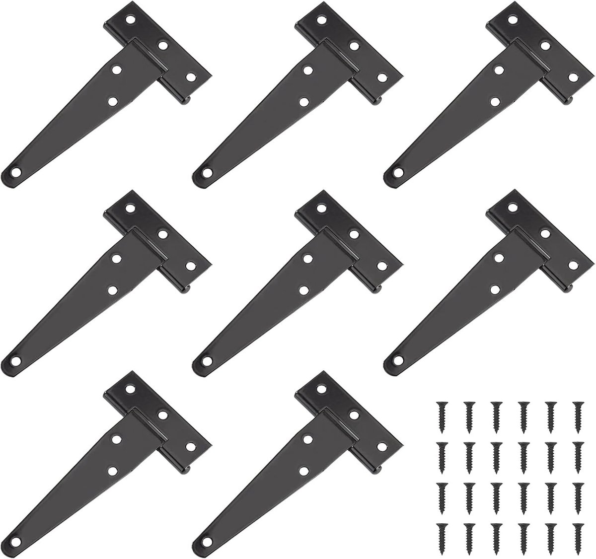 Scharnieren, 8 stuks zwarte driehoekige schuurdeurscharnieren van robuust metaal ijzer met 48 schroeven, voor buitendeuren, ramen, tuinhuisjes (10 cm)