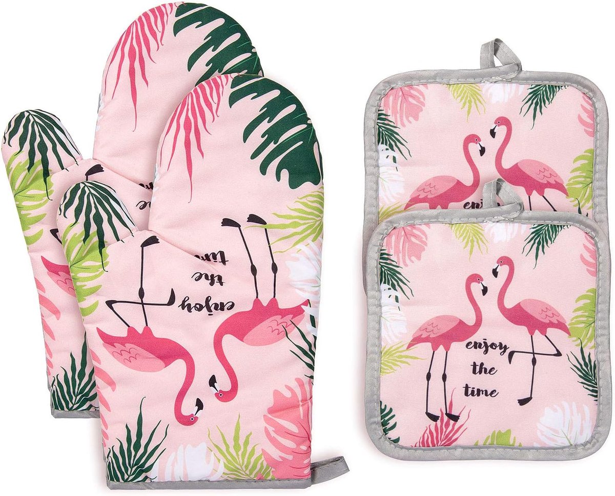 Pannenlappen, set, hittebestendige ovenhandschoenen, katoen, kookhandschoenen voor koken, bakken, grillen (flamingo)