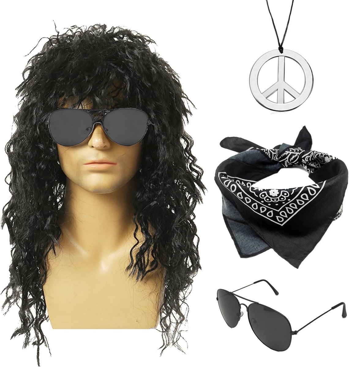 4 stuks jaren 70 80 pruik rock-accessoires voor mannen vrouwen rockster hippie punk mullet pruik bandana vrede halsketting zonnebril voor Halloween carnaval (zwart)
