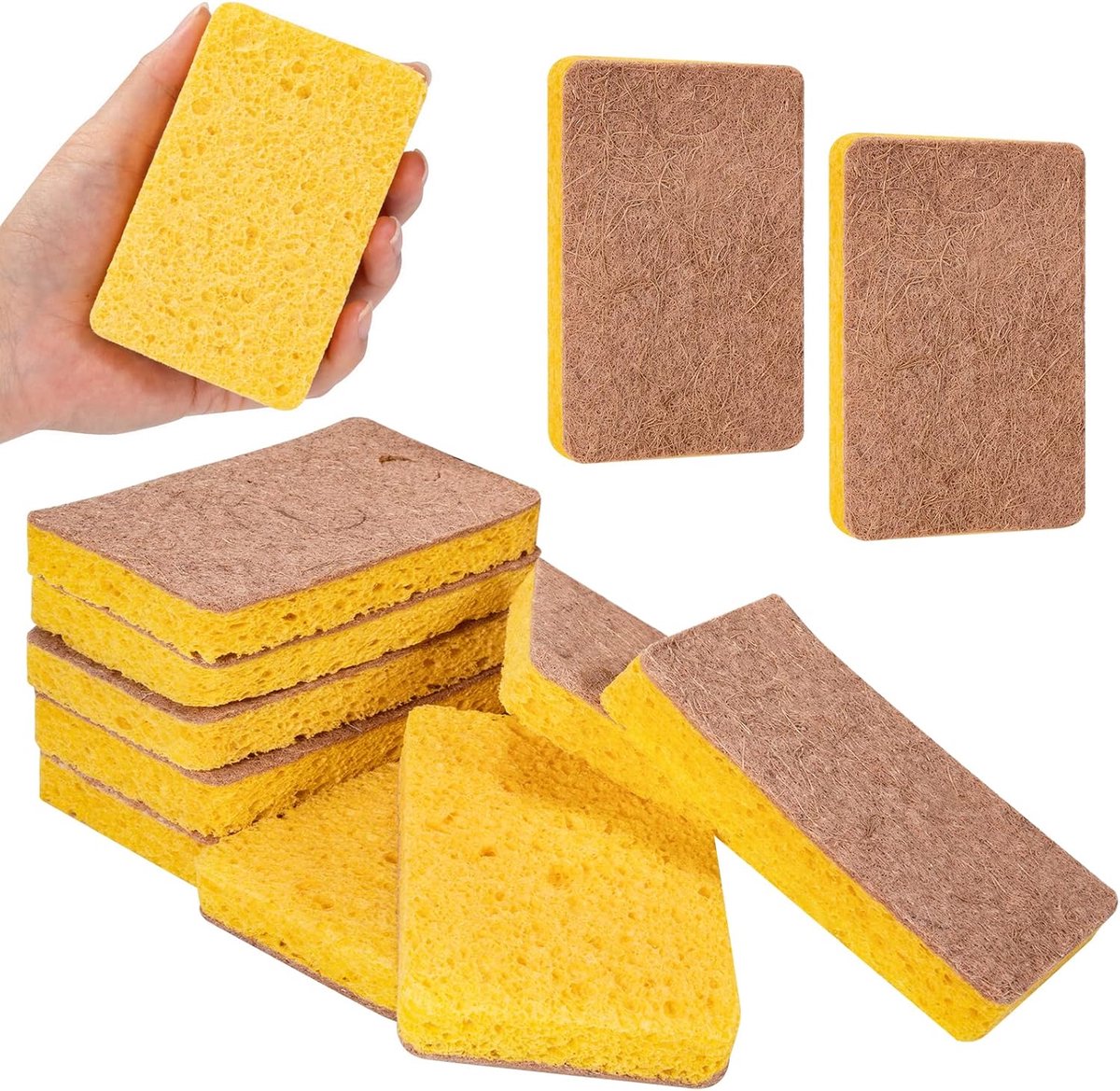 Natuurlijke, biologisch afbreekbare keukenspons, milieuvriendelijk, krasbestendig, composteerbaar, sisal van cellulose en kokosspons, 12 stuks (kokos Luz Brwon)