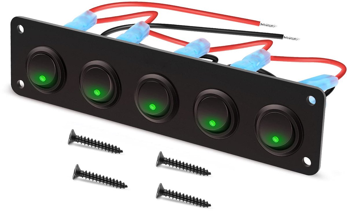 SPST 5 banden, tuimelschakelaarpaneel, groen, led, 12-24 V, voor auto, caravan, vrachtwagen, boot
