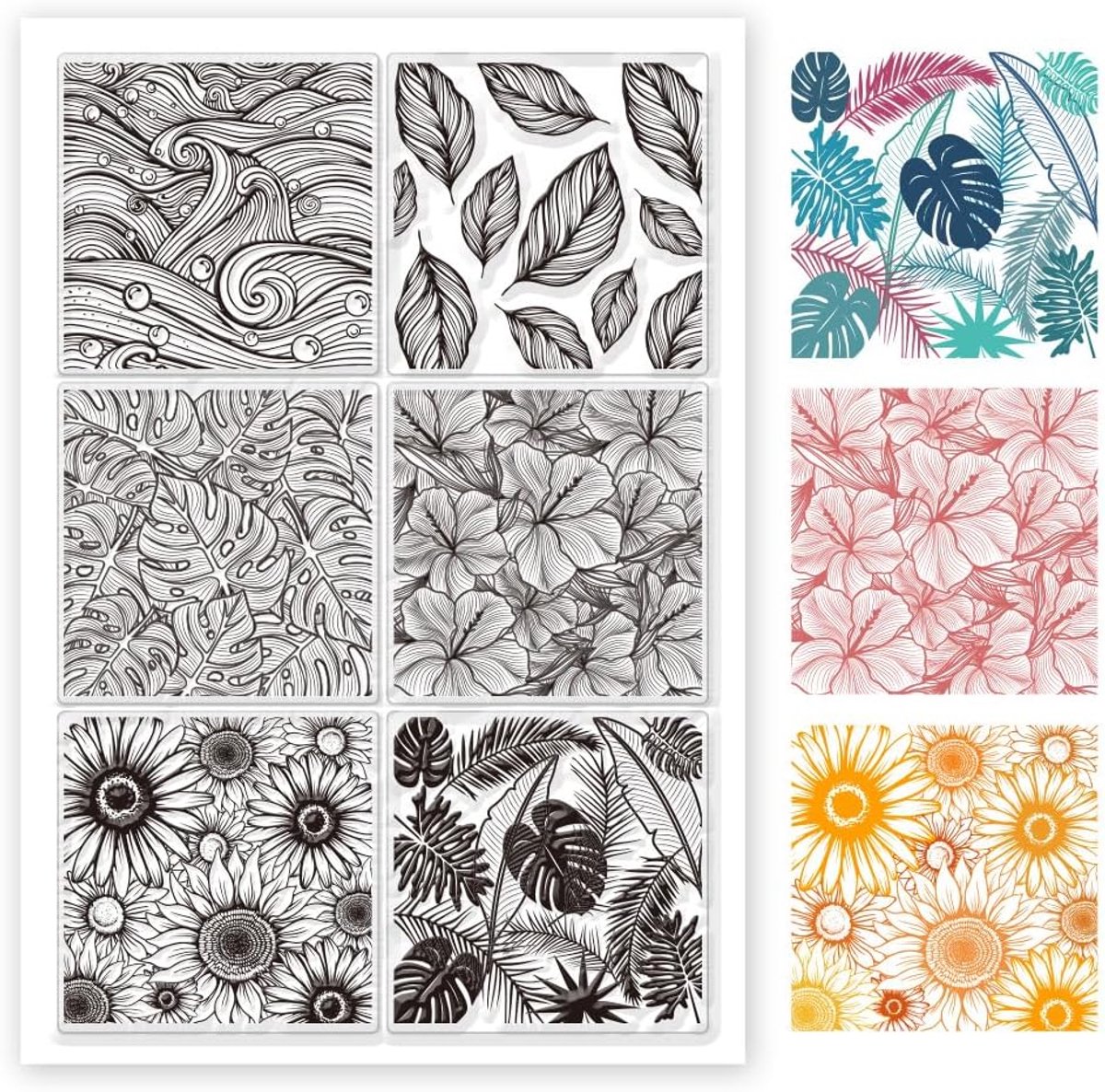 6 Stijlen Grote Achtergrond Clear Stempels voor Kaarten Maken, Golven Tropische Bladeren Zonnebloem Hibiscus Achtergrond Siliconen Stempels voor DIY Scrapbooking Bullet Journaling Fotoalbum,
