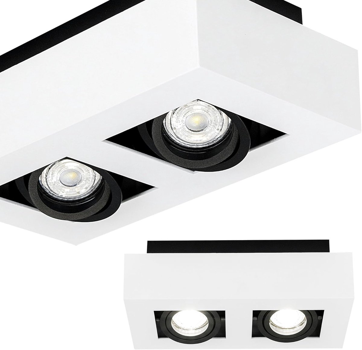 Plafondlamp GU10 OSMIN RIM met 2-lichts, Wit/Zwart – Vierkante Opbouwlamp – Dubbele Spot met Verstelbare, Verwisselbare Ring – Moderne Verlichting voor Woonkamer, Slaapkamer en Keuken