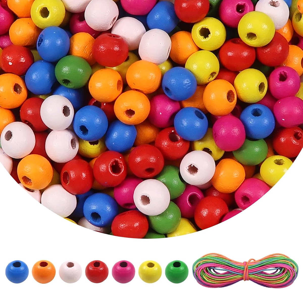 1000 stuks Kleurrijke Natuurlijke Houten Kralen met Gat Ronde 10 mm en 5 m Elastische Lijn voor doe-het-zelf Armbanden Halskettingen Handwerk Decoraties