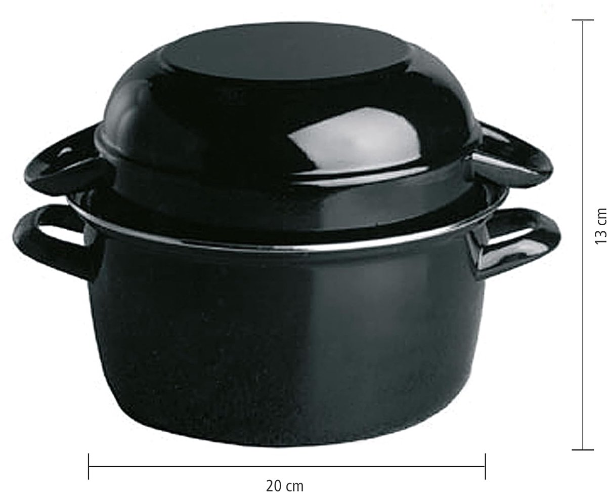 Schelppot, serveer-mosselpot voor 1,5 kg, zeevruchtenpot, schelppot van zwart geëmailleerd staal, inhoud: 3,3 liter, deksel: 1,6 liter, 22,5 x 26,5 cm, hoogte 18 cm