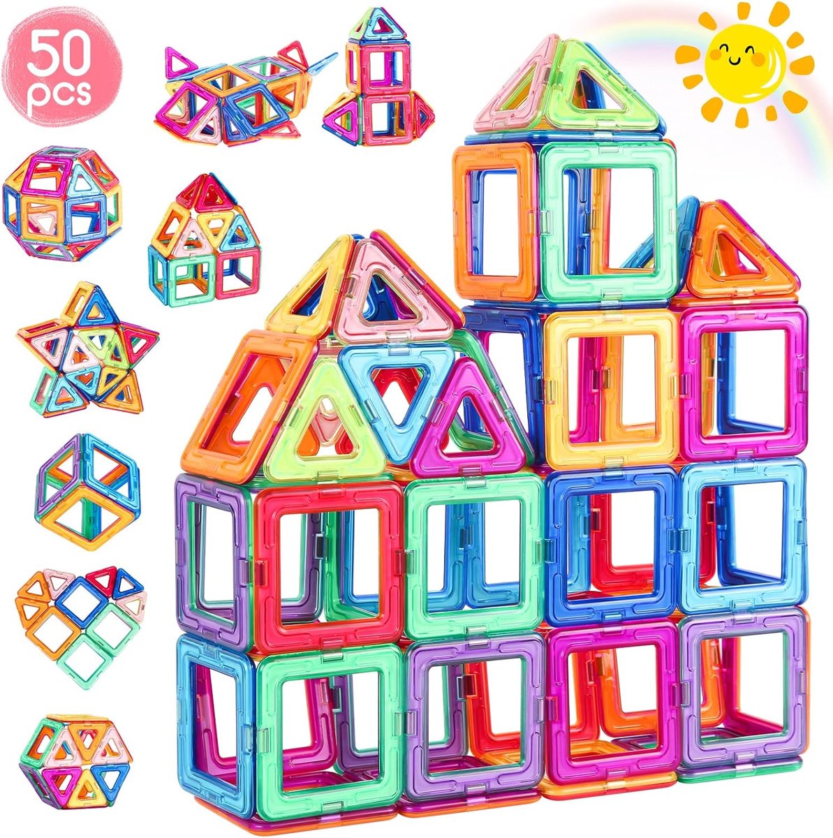 Magnetische constructie voor kinderen, 50 stuks, magneetblok, magnetische tegels | Magnetische bouwstenen voor kinderen, educatief, spelletjes, cadeaus voor kinderen vanaf 3, 4, 5, 6, 7 jaar
