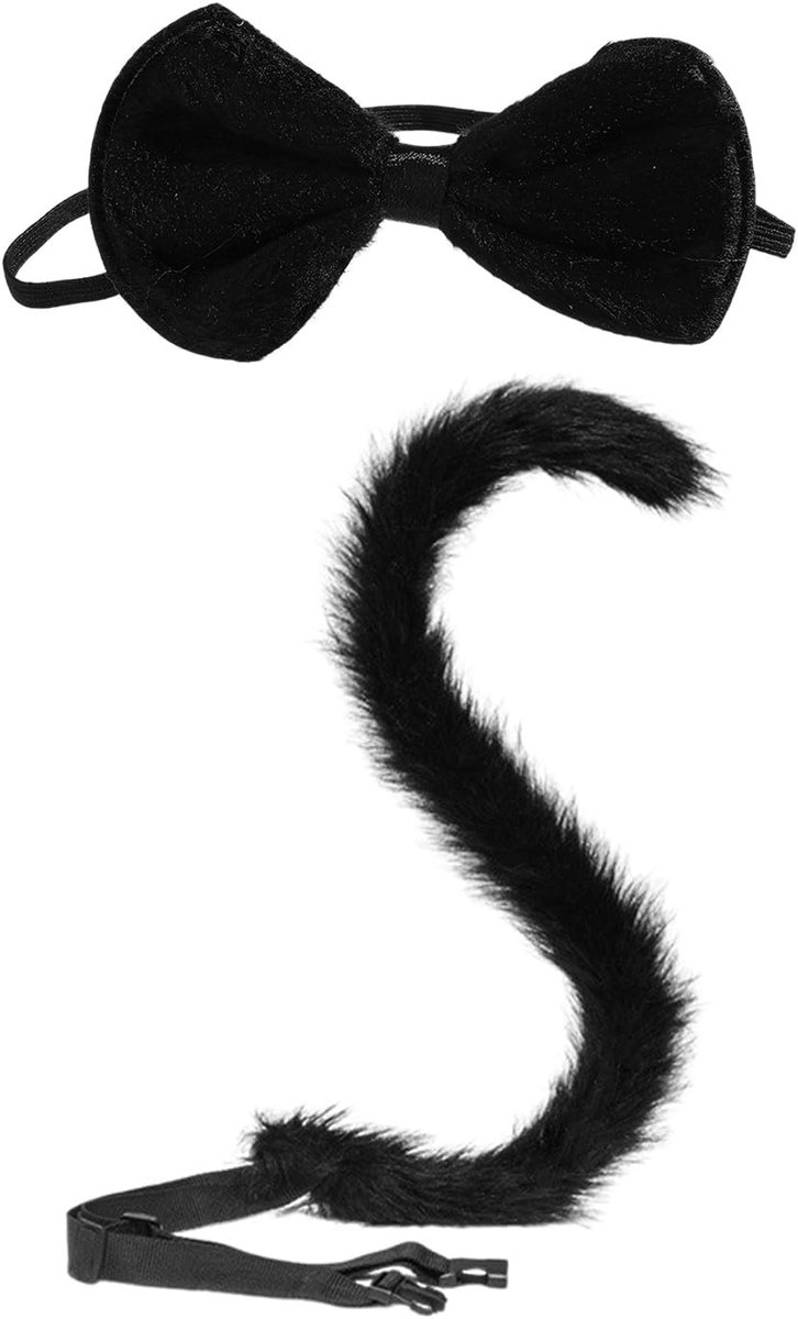 1 x kattenstaart, 1 x vlinderdas, schattige pluche decoratie, cosplay-accessoires, zwarte decoratie