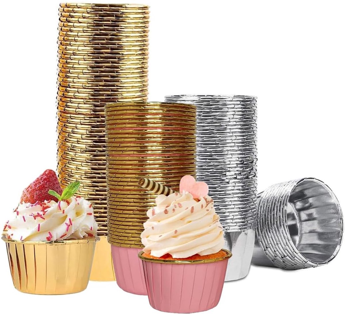 150 stuks muffinvormpjes papier - waterdicht, oliebestendig en anti-aanbaklaag! Cupcake vormpjes gemaakt van aluminiumfolie in goud, zilver en roze. Perfect voor mini muffins papieren