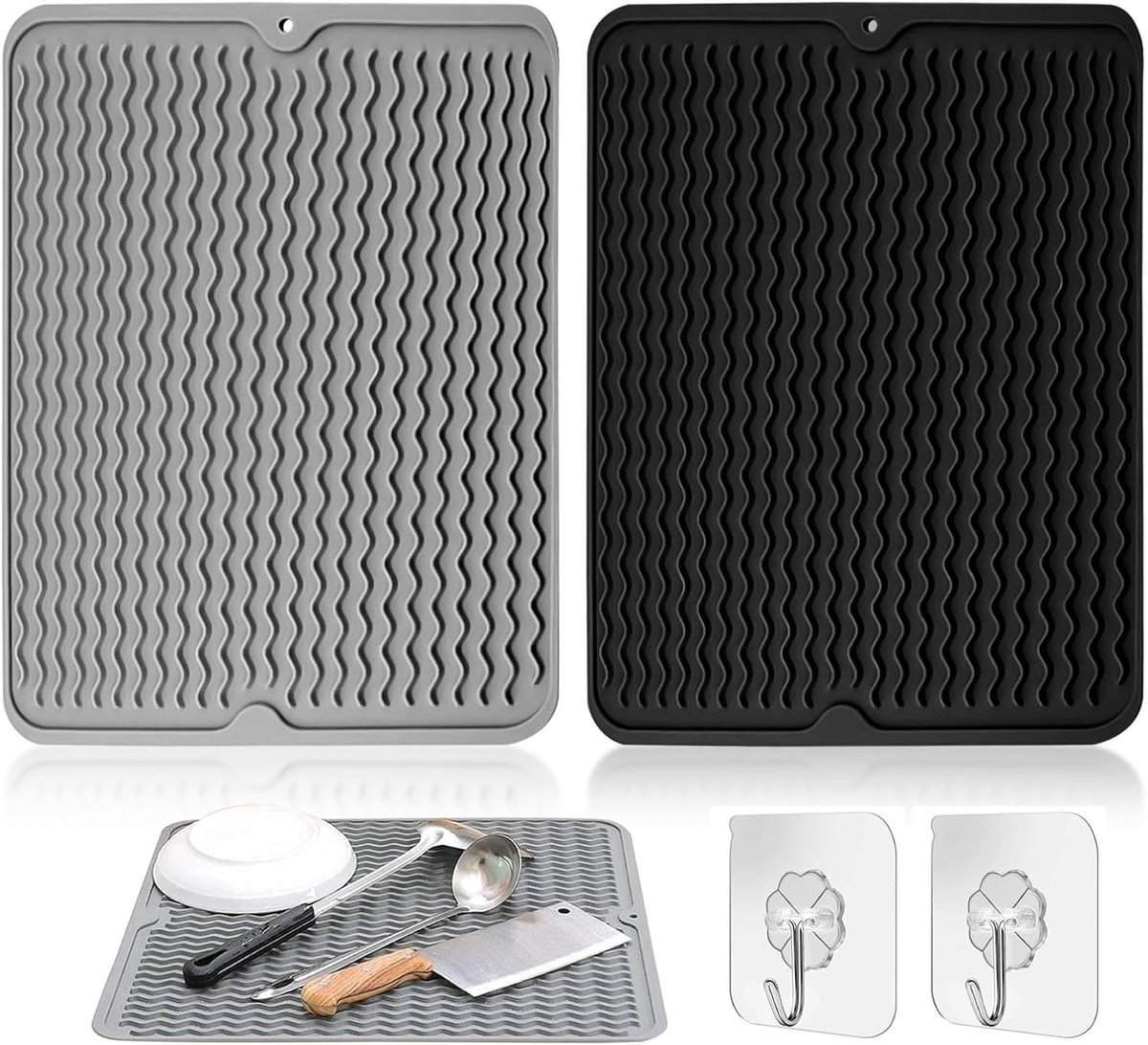 Afdruipmat van siliconen, 40 x 30 cm, afdruipmat, servies, keuken, silicone, hittebestendig, inklapbare antislip keukenspoelbakmat, grijs en zwart, afdruipbak voor gootsteen