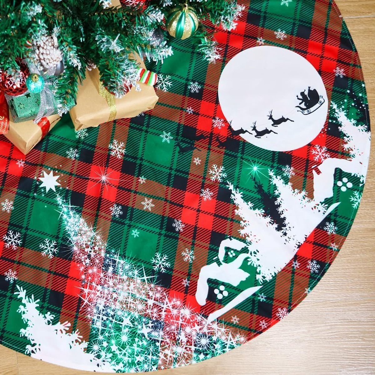 rood en groen, 120 cm, rood en groen, boomrok, rond, grote kerstboomrok, kerstboomdeken, rond, pluche, grote kerstboomdeken, voor kerstboomdecoraties (C)