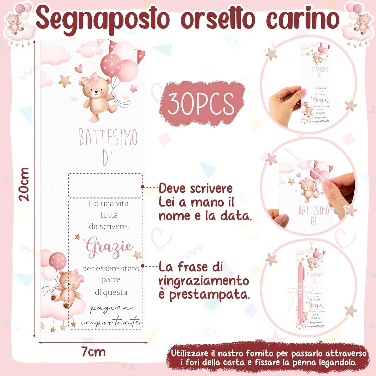 30 Stuks Doopkaartjes voor Meisjes Teddybeer-Bladwijzers met Balpen en Lint Doopbedankje voor Gasten Babyshower Bedankcadeau Tafeldecoratie(Roze)