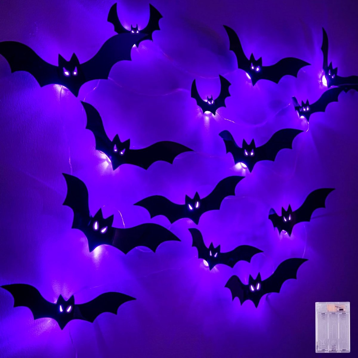 cshare Halloween decoratie, vleermuis, led, 6 m, 20 leds, paarse lichtketting, batterij met timer, 20 stuks 3D-vleermuis, muurstickers, Halloween-decoratieset, wanddecoratie