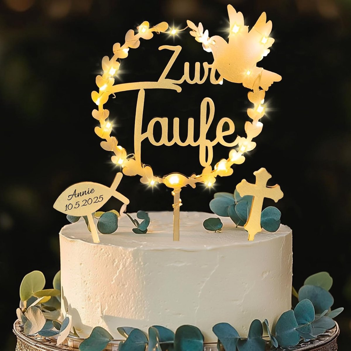 doop, taartdecoratie, doop, hout, 3 stuks, doopdecoratie met led-lichtsnoer, voor cupcake-decoratie, muffin, taartdecoratie voor meisjes en jongens, taarttopper