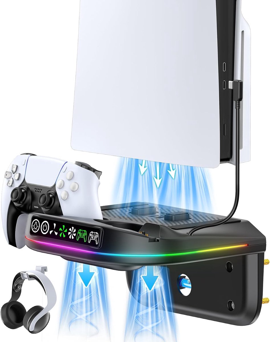 Wandmontagekit met oplaadstation voor Edge & Dual Controller, 9 lichtmodi PS5-koelstation met ventilator op 3 niveaus, PS5 Pro-standaard, muur voor PS5/Slim/Pro Disc&Digital, PS 5-accessoires