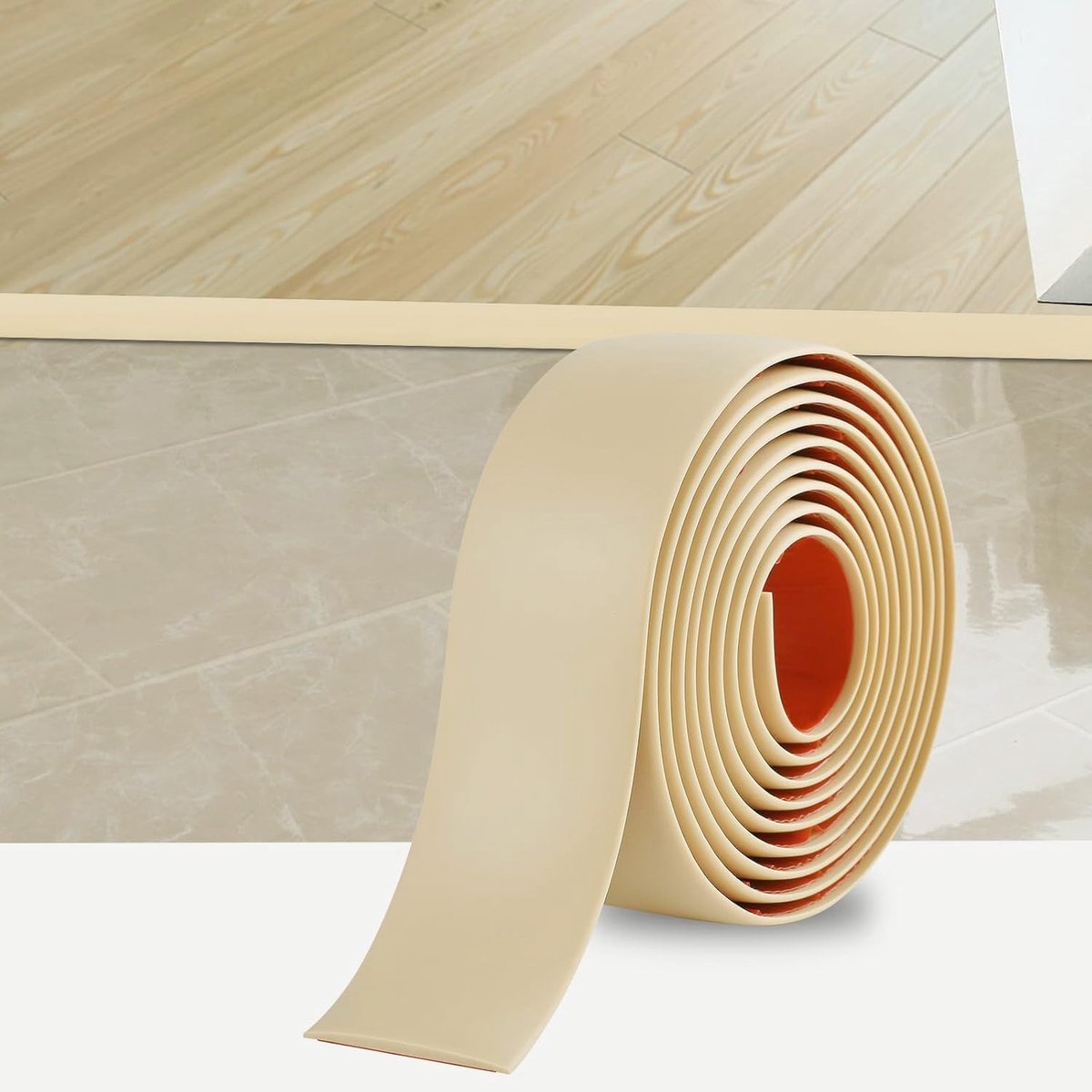 Drempelstrip voor laminaatvloeren, PVC deurbars voor deuropeningen, zelfklevende vinyl vloerrand, tegel tot laminaat parelrand, vloerverbindingsstrip gatbedekking (5 cm, Geelachtig Beige)