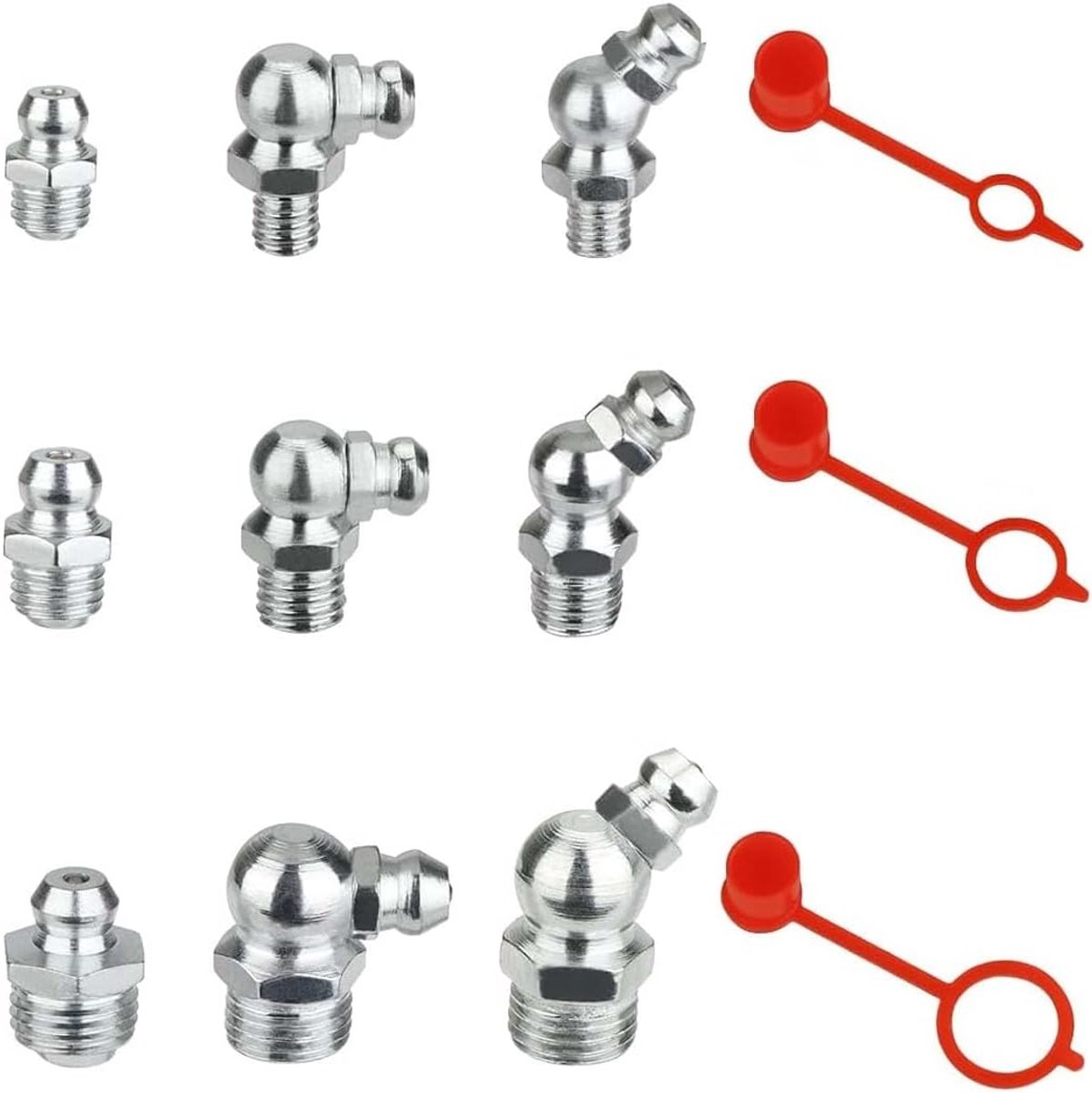 Nippels assortiment, M6 M8 M10 recht, 90 graden, 45 graden hydraulische vetnippelfitting met plastic vetfittingdop voor machines landbouw, automotive en industrieel