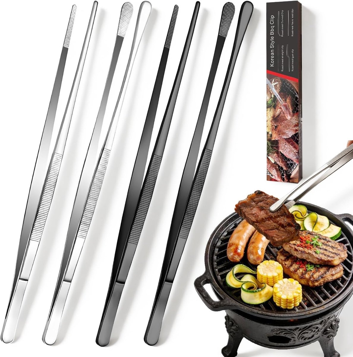 4 stuks 30 cm keukentang twee stijlen roestvrijstalen keukentang roestvrijstalen ronde eindkappen voor koken bakken grillen puntige uiteinden om te kleden en te vullen, zwart/zilver