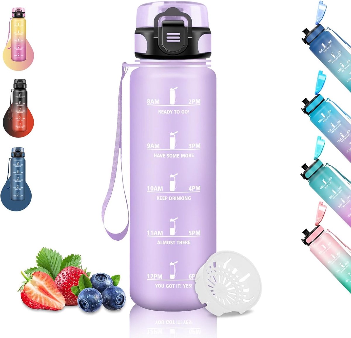 1 liter, motiverende waterfles zonder lekkage, gegradueerde waterfles, met tijdschaal, gemakkelijk te reinigen, drinkflessen voor sport, kamperen, wandelen, yoga, paars
