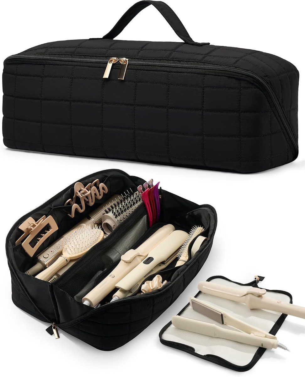 Tools Travel Case met Hittebestendige Mat Pouch, Groot Haar Tool Organizer Tas voor Krultang Flat Iron Föhn Heteluchtborstel, Waterbestendig Make-up Tas Gift voor Vrouw, Zwart, 16 x 5.5 x