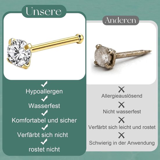 4 stuks 14K goud 20G neuspiercing, chirurgisch staal, neuspiercing, steker, zirkonia, L-vormige neussteker, rechte schroef, 1,5/2/2,5/3 mm — afbeelding 4